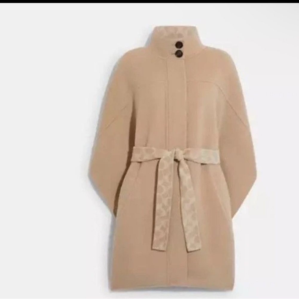 NWT COACH Double Face Wool Cape with Cashmere Blend and Belt, Signature Size m/l